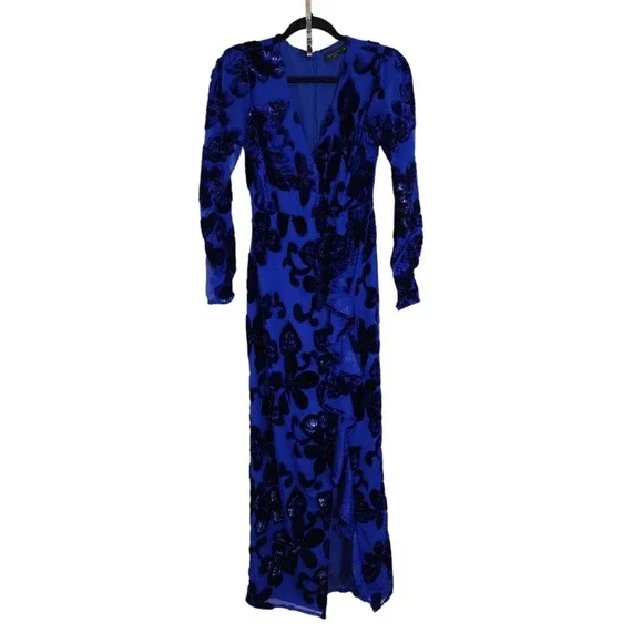 House of Harlow Revolve Womens Dress Ivan Blue Velour Burnout Ruffle Slit Sz XXS - Picture 2 of 15